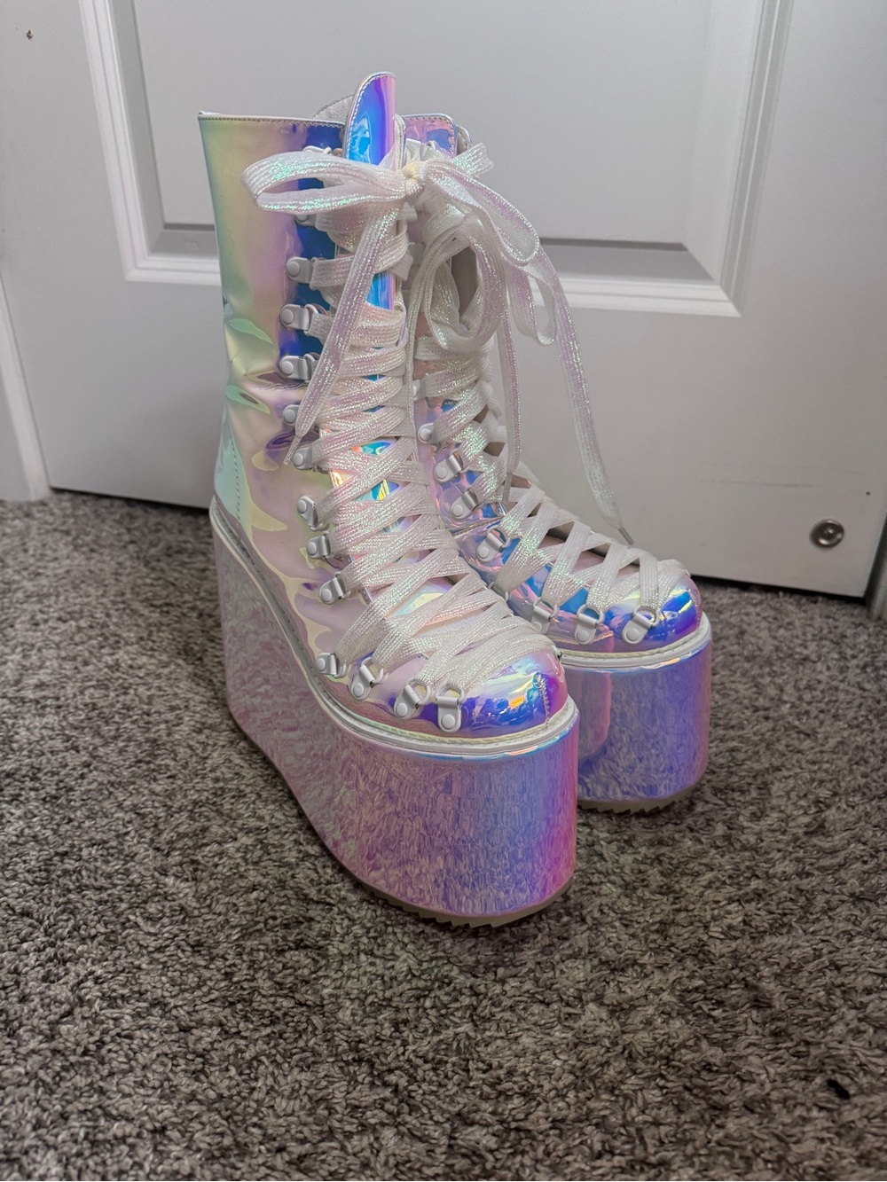 Dolls Kill Holographic White Platform Lace-Up Boots